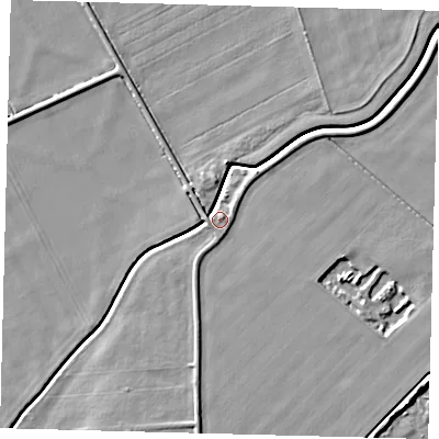 Shaded relief map of the ground around PE67YS, computed from Environment Agency LiDAR. The ground here sits at about 3 m above sea level and falls 5 m across the surrounding 800 m. Surface water reaching this point runs off ground lying to the west, 4.1 m higher.