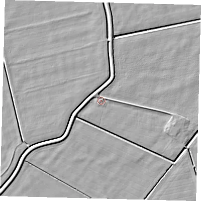Shaded relief map of the ground around PE67YT, computed from Environment Agency LiDAR. The ground here sits at about 1 m above sea level and falls 4 m across the surrounding 800 m. Surface water reaching this point runs off ground lying to the west-south-west, 1.7 m higher.