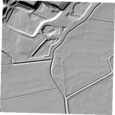 Shaded relief map of the ground around PE67YU, computed from Environment Agency LiDAR. The ground here sits at about 1 m above sea level and falls 19 m across the surrounding 800 m. Surface water reaching this point runs off ground lying to the south, 1.4 m higher.