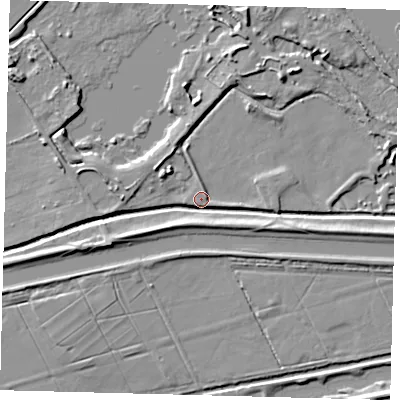 Shaded relief map of the ground around PE67YZ, computed from Environment Agency LiDAR. The ground here sits at about 3 m above sea level and falls 7 m across the surrounding 800 m. Surface water reaching this point runs off ground lying to the south, 5.7 m higher.
