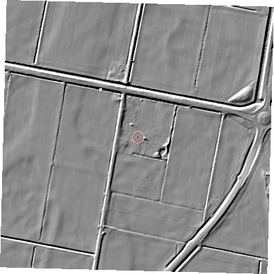 Shaded relief map of the ground around PE67ZD, computed from Environment Agency LiDAR. The ground here sits at about 1 m above sea level and falls 5 m across the surrounding 800 m. Surface water reaching this point runs off ground lying to the east-south-east, 2.5 m higher.