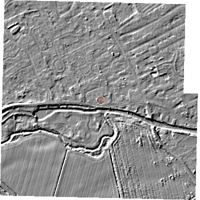 Shaded relief map of the ground around PE68AB, computed from Environment Agency LiDAR. The ground here sits at about 7 m above sea level and falls 3 m across the surrounding 800 m. Surface water reaching this point runs off ground lying to the west, 0.6 m higher.