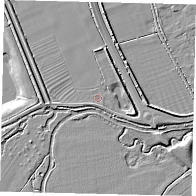 Shaded relief map of the ground around PE68AE, computed from Environment Agency LiDAR. The ground here sits at about 8 m above sea level and falls 10 m across the surrounding 800 m. Surface water reaching this point runs off ground lying to the south-west, 1.2 m higher.