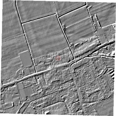 Shaded relief map of the ground around PE68GL, computed from Environment Agency LiDAR. The ground here sits at about 5 m above sea level and falls 4 m across the surrounding 800 m. Surface water reaching this point runs off ground lying to the south-south-west, 2.2 m higher.