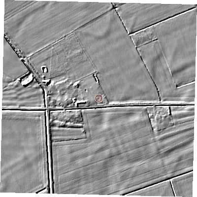 Shaded relief map of the ground around PE68LQ, computed from Environment Agency LiDAR. The ground here sits at about 5 m above sea level and falls 5 m across the surrounding 800 m. The ground contributing surface water to this point lies to the west-south-west.