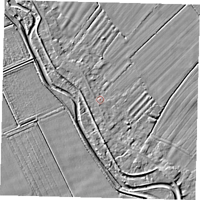 Shaded relief map of the ground around PE68RB, computed from Environment Agency LiDAR. The ground here sits at about 5 m above sea level and falls 4 m across the surrounding 800 m. Surface water reaching this point runs off ground lying to the north-west, 2.1 m higher.