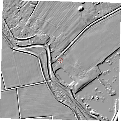 Shaded relief map of the ground around PE68RG, computed from Environment Agency LiDAR. The ground here sits at about 4 m above sea level and falls 6 m across the surrounding 800 m. Surface water reaching this point runs off ground lying to the south-south-west, 3.6 m higher.