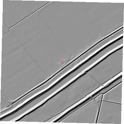Shaded relief map of the ground around PE68RJ, computed from Environment Agency LiDAR. The ground here sits at about 3 m above sea level and falls 6 m across the surrounding 800 m. Surface water reaching this point runs off ground lying to the south, 1.3 m higher.