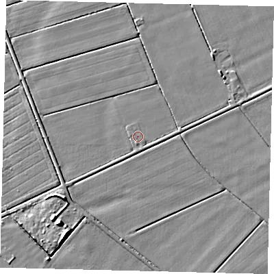 Shaded relief map of the ground around PE68RN, computed from Environment Agency LiDAR. The ground here sits at about 3 m above sea level and falls 8 m across the surrounding 800 m. Surface water reaching this point runs off ground lying to the south, 0.7 m higher.