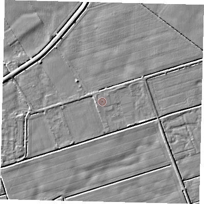 Shaded relief map of the ground around PE68RP, computed from Environment Agency LiDAR. The ground here sits at about 4 m above sea level and falls 4 m across the surrounding 800 m. The ground contributing surface water to this point lies to the north-east.