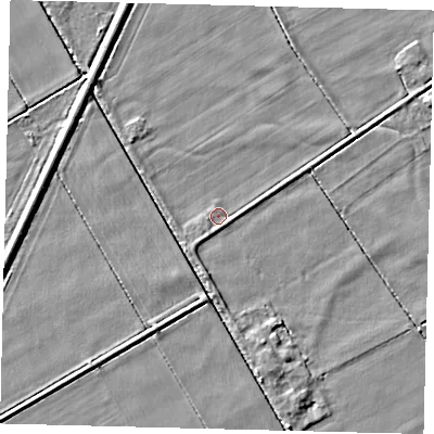 Shaded relief map of the ground around PE68RW, computed from Environment Agency LiDAR. The ground here sits at about 2 m above sea level and falls 4 m across the surrounding 800 m. Surface water reaching this point runs off ground lying to the south-south-east, 1.3 m higher.
