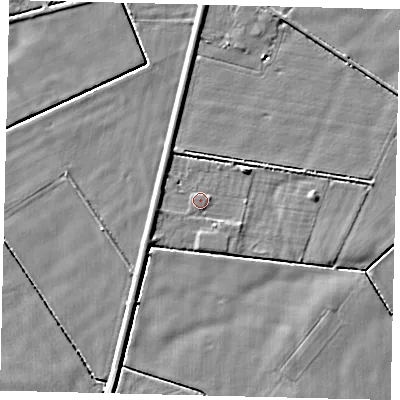 Shaded relief map of the ground around PE68SB, computed from Environment Agency LiDAR. The ground here sits at about 3 m above sea level and falls 3 m across the surrounding 800 m. Surface water reaching this point runs off ground lying to the west, 1.5 m higher.