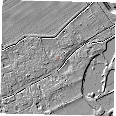 Shaded relief map of the ground around PE69AN, computed from Environment Agency LiDAR. The ground here sits at about 6 m above sea level and falls 8 m across the surrounding 800 m. The ground contributing surface water to this point lies to the south-west.