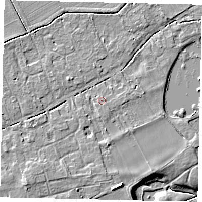 Shaded relief map of the ground around PE69AQ, computed from Environment Agency LiDAR. The ground here sits at about 7 m above sea level and falls 11 m across the surrounding 800 m. Surface water reaching this point runs off ground lying to the south-east, 1.1 m higher.