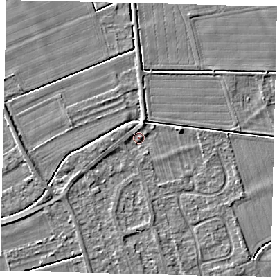 Shaded relief map of the ground around PE69BG, computed from Environment Agency LiDAR. The ground here sits at about 6 m above sea level and falls 3 m across the surrounding 800 m. Surface water reaching this point runs off ground lying to the west-south-west, 1.9 m higher.