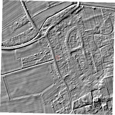 Shaded relief map of the ground around PE69BH, computed from Environment Agency LiDAR. The ground here sits at about 7 m above sea level and falls 3 m across the surrounding 800 m. Surface water reaching this point runs off ground lying to the west, 0.7 m higher.