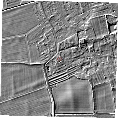 Shaded relief map of the ground around PE69BJ, computed from Environment Agency LiDAR. The ground here sits at about 7 m above sea level and falls 4 m across the surrounding 800 m. Surface water reaching this point runs off ground lying to the west-north-west, 0.5 m higher.