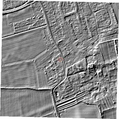Shaded relief map of the ground around PE69BL, computed from Environment Agency LiDAR. The ground here sits at about 7 m above sea level and falls 3 m across the surrounding 800 m. Surface water reaching this point runs off ground lying to the south-south-west, 1.6 m higher.