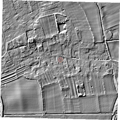 Shaded relief map of the ground around PE69BN, computed from Environment Agency LiDAR. The ground here sits at about 6 m above sea level and falls 4 m across the surrounding 800 m. Surface water reaching this point runs off ground lying to the north-west, 2.4 m higher.