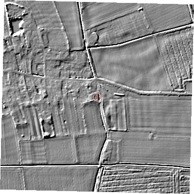 Shaded relief map of the ground around PE69BS, computed from Environment Agency LiDAR. The ground here sits at about 6 m above sea level and falls 4 m across the surrounding 800 m. Surface water reaching this point runs off ground lying to the west-south-west, 1.9 m higher.