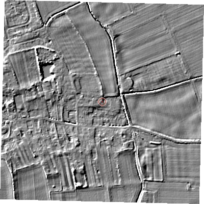Shaded relief map of the ground around PE69BW, computed from Environment Agency LiDAR. The ground here sits at about 6 m above sea level and falls 4 m across the surrounding 800 m. Surface water reaching this point runs off ground lying to the north-west, 3.6 m higher.