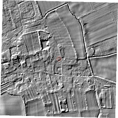 Shaded relief map of the ground around PE69BX, computed from Environment Agency LiDAR. The ground here sits at about 6 m above sea level and falls 4 m across the surrounding 800 m. Surface water reaching this point runs off ground lying to the west-north-west, 3.6 m higher.