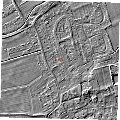 Shaded relief map of the ground around PE69DB, computed from Environment Agency LiDAR. The ground here sits at about 6 m above sea level and falls 4 m across the surrounding 800 m. Surface water reaching this point runs off ground lying to the south-west, 0.8 m higher.