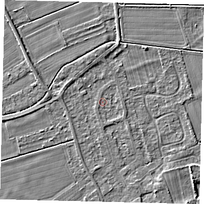 Shaded relief map of the ground around PE69DE, computed from Environment Agency LiDAR. The ground here sits at about 6 m above sea level and falls 4 m across the surrounding 800 m. Surface water reaching this point runs off ground lying to the south, 0.9 m higher.