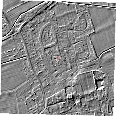 Shaded relief map of the ground around PE69DG, computed from Environment Agency LiDAR. The ground here sits at about 6 m above sea level and falls 4 m across the surrounding 800 m. Surface water reaching this point runs off ground lying to the north, 1.0 m higher.