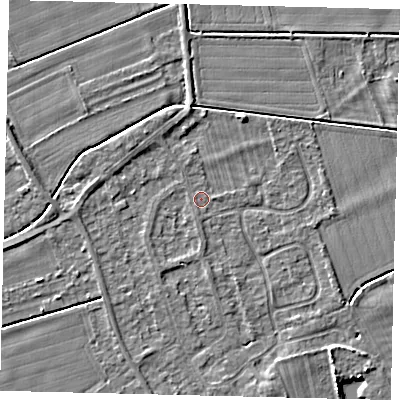 Shaded relief map of the ground around PE69DL, computed from Environment Agency LiDAR. The ground here sits at about 6 m above sea level and falls 4 m across the surrounding 800 m. The ground contributing surface water to this point lies to the west-south-west.