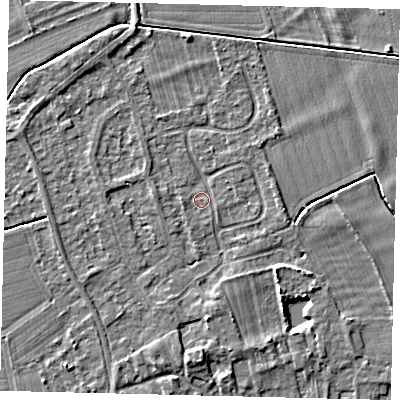 Shaded relief map of the ground around PE69DN, computed from Environment Agency LiDAR. The ground here sits at about 6 m above sea level and falls 4 m across the surrounding 800 m. Surface water reaching this point runs off ground lying to the south, 2.6 m higher.