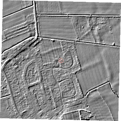 Shaded relief map of the ground around PE69DP, computed from Environment Agency LiDAR. The ground here sits at about 6 m above sea level and falls 4 m across the surrounding 800 m. Surface water reaching this point runs off ground lying to the north-north-west, 2.1 m higher.