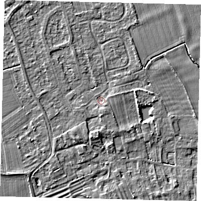 Shaded relief map of the ground around PE69DQ, computed from Environment Agency LiDAR. The ground here sits at about 6 m above sea level and falls 4 m across the surrounding 800 m. Surface water reaching this point runs off ground lying to the south-south-east, 1.3 m higher.