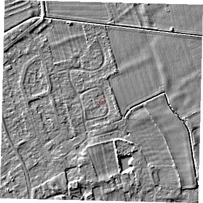 Shaded relief map of the ground around PE69DR, computed from Environment Agency LiDAR. The ground here sits at about 6 m above sea level and falls 4 m across the surrounding 800 m. Surface water reaching this point runs off ground lying to the south-south-west, 2.6 m higher.