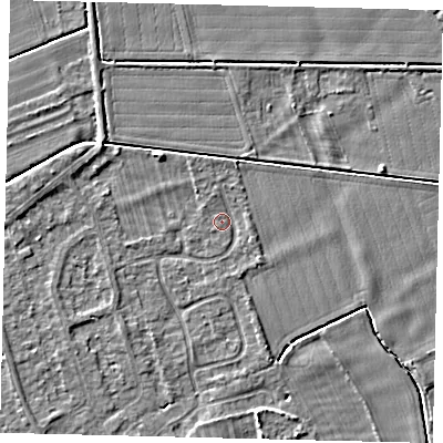 Shaded relief map of the ground around PE69DW, computed from Environment Agency LiDAR. The ground here sits at about 6 m above sea level and falls 4 m across the surrounding 800 m. Surface water reaching this point runs off ground lying to the north-west, 2.2 m higher.
