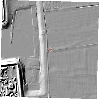 Shaded relief map of the ground around PE69EA, computed from Environment Agency LiDAR. The ground here sits at about 8 m above sea level and falls 12 m across the surrounding 800 m. The ground contributing surface water to this point lies to the east-south-east.