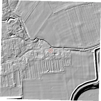 Shaded relief map of the ground around PE69EB, computed from Environment Agency LiDAR. The ground here sits at about 9 m above sea level and falls 9 m across the surrounding 800 m. Surface water reaching this point runs off ground lying to the south-west, 2.1 m higher.