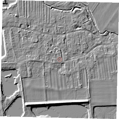 Shaded relief map of the ground around PE69EE, computed from Environment Agency LiDAR. The ground here sits at about 9 m above sea level and falls 5 m across the surrounding 800 m. Surface water reaching this point runs off ground lying to the west, 1.3 m higher.
