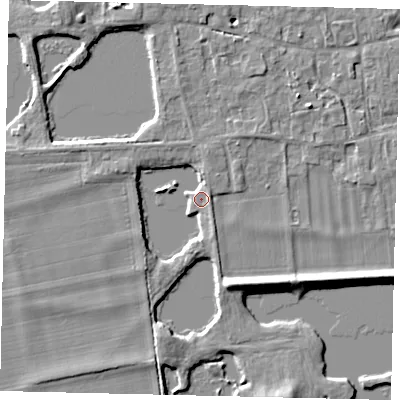 Shaded relief map of the ground around PE69ES, computed from Environment Agency LiDAR. The ground here sits at about 9 m above sea level and falls 5 m across the surrounding 800 m. Surface water reaching this point runs off ground lying to the south-south-west, 3.4 m higher.