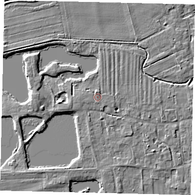 Shaded relief map of the ground around PE69HA, computed from Environment Agency LiDAR. The ground here sits at about 10 m above sea level and falls 4 m across the surrounding 800 m. Surface water reaching this point runs off ground lying to the north-north-east, 1.2 m higher.