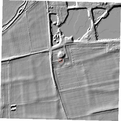 Shaded relief map of the ground around PE69HF, computed from Environment Agency LiDAR. The ground here sits at about 11 m above sea level and falls 6 m across the surrounding 800 m. Surface water reaching this point runs off ground lying to the north, 1.8 m higher.
