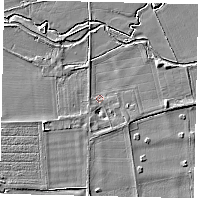 Shaded relief map of the ground around PE69HN, computed from Environment Agency LiDAR. The ground here sits at about 12 m above sea level and falls 5 m across the surrounding 800 m. Surface water reaching this point runs off ground lying to the south-east, 3.2 m higher.