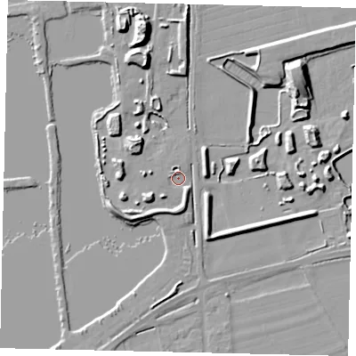 Shaded relief map of the ground around PE69JB, computed from Environment Agency LiDAR. The ground here sits at about 11 m above sea level and falls 13 m across the surrounding 800 m. Surface water reaching this point runs off ground lying to the south-west, 5.3 m higher.