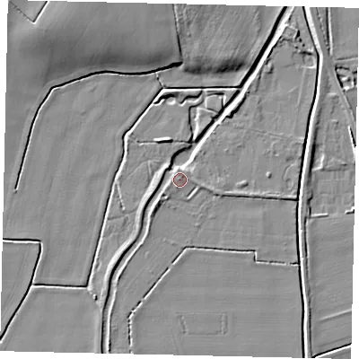 Shaded relief map of the ground around PE69NS, computed from Environment Agency LiDAR. The ground here sits at about 9 m above sea level and falls 9 m across the surrounding 800 m. Surface water reaching this point runs off ground lying to the west-south-west, 1.3 m higher.