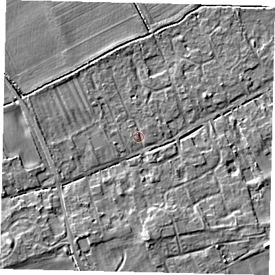 Shaded relief map of the ground around PE69PA, computed from Environment Agency LiDAR. The ground here sits at about 7 m above sea level and falls 6 m across the surrounding 800 m. Surface water reaching this point runs off ground lying to the north-north-west, 1.6 m higher.