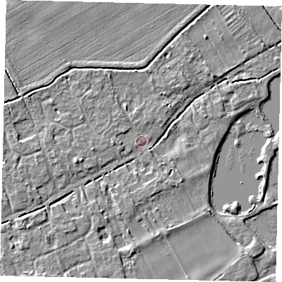 Shaded relief map of the ground around PE69PB, computed from Environment Agency LiDAR. The ground here sits at about 6 m above sea level and falls 4 m across the surrounding 800 m. Surface water reaching this point runs off ground lying to the south-west, 2.8 m higher.