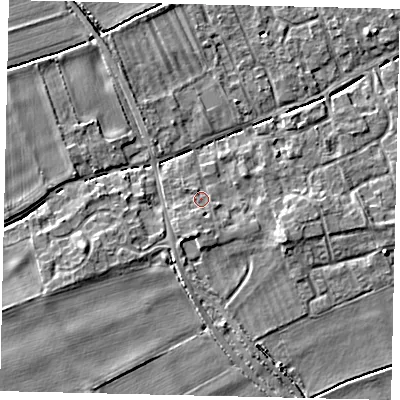 Shaded relief map of the ground around PE69PD, computed from Environment Agency LiDAR. The ground here sits at about 8 m above sea level and falls 4 m across the surrounding 800 m. Surface water reaching this point runs off ground lying to the south, 1.6 m higher.