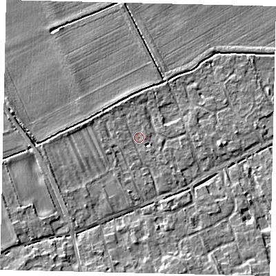 Shaded relief map of the ground around PE69PF, computed from Environment Agency LiDAR. The ground here sits at about 7 m above sea level and falls 4 m across the surrounding 800 m. Surface water reaching this point runs off ground lying to the north-north-west, 1.4 m higher.