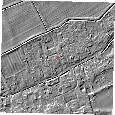 Shaded relief map of the ground around PE69PG, computed from Environment Agency LiDAR. The ground here sits at about 7 m above sea level and falls 4 m across the surrounding 800 m. Surface water reaching this point runs off ground lying to the east-north-east, 0.7 m higher.
