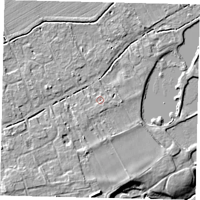 Shaded relief map of the ground around PE69PJ, computed from Environment Agency LiDAR. The ground here sits at about 6 m above sea level and falls 12 m across the surrounding 800 m. Surface water reaching this point runs off ground lying to the south, 1.1 m higher.